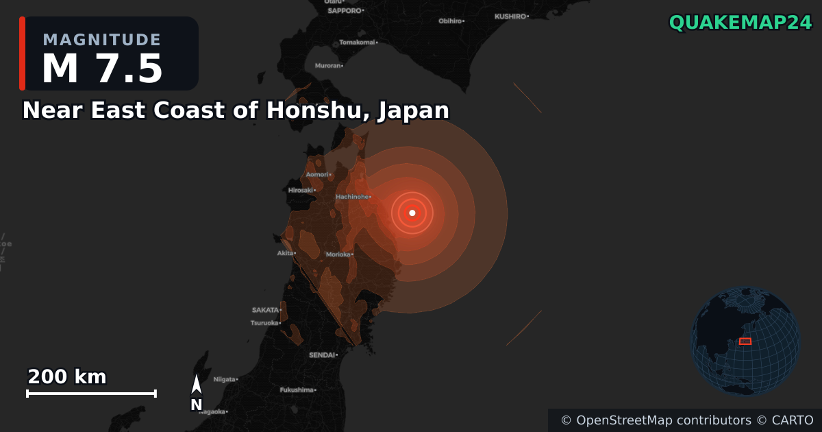 M7.5 Earthquake near Near East Coast of Honshu, Japan · 2026-06-24 — Map showing the location of the epicenter