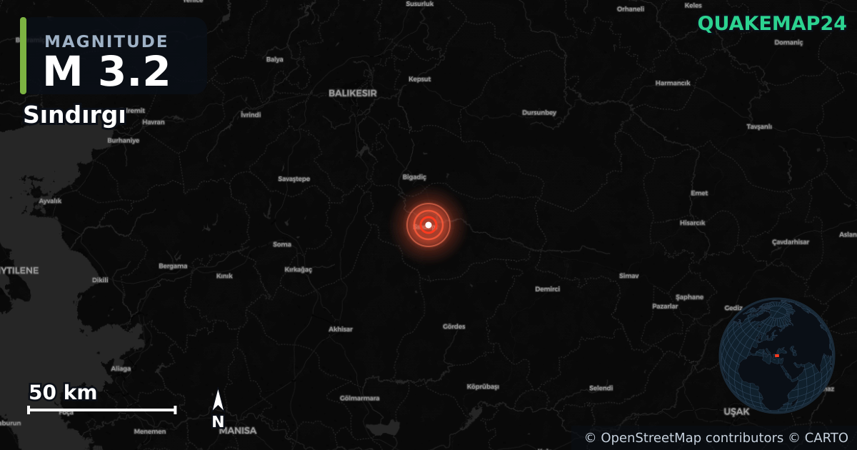 M3.2 earthquake near Sındırgı on Aug 18, 2025 — map of epicenter and shaking intensity | QuakeMap24