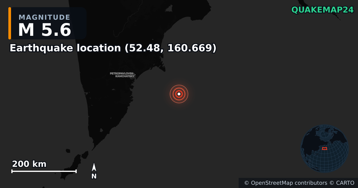 M5.6 earthquake near Deprem konumu (52.48, 160.669) on Sep 8, 2025 — map of epicenter and shaking intensity | QuakeMap24