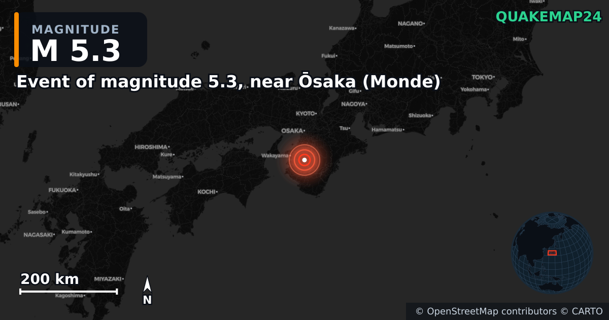 M5.3 earthquake near Event of magnitude 5.3, near Ōsaka (Monde) on May 2, 2026 — map of epicenter and shaking intensity | QuakeMap24