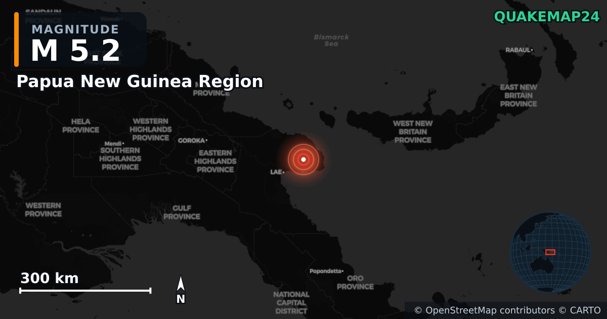 Erdbeben M5,2 bei Papua New Guinea Region — Karte der Lage des Epizentrums