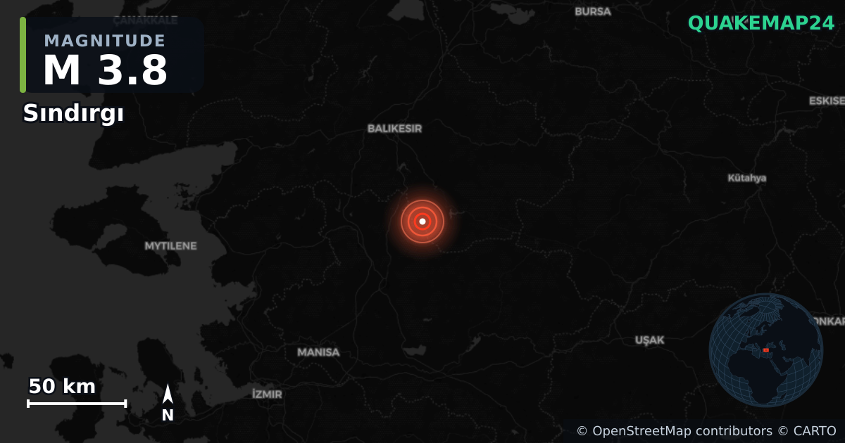 M3.8 earthquake near Sındırgı on Sep 6, 2025 — map of epicenter and shaking intensity | QuakeMap24
