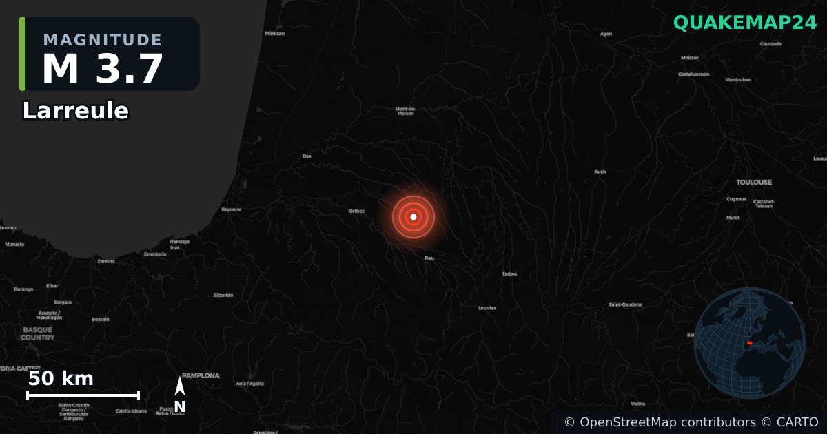 M3.7 earthquake near Larreule on Dec 20, 2025 — map of epicenter and shaking intensity | QuakeMap24
