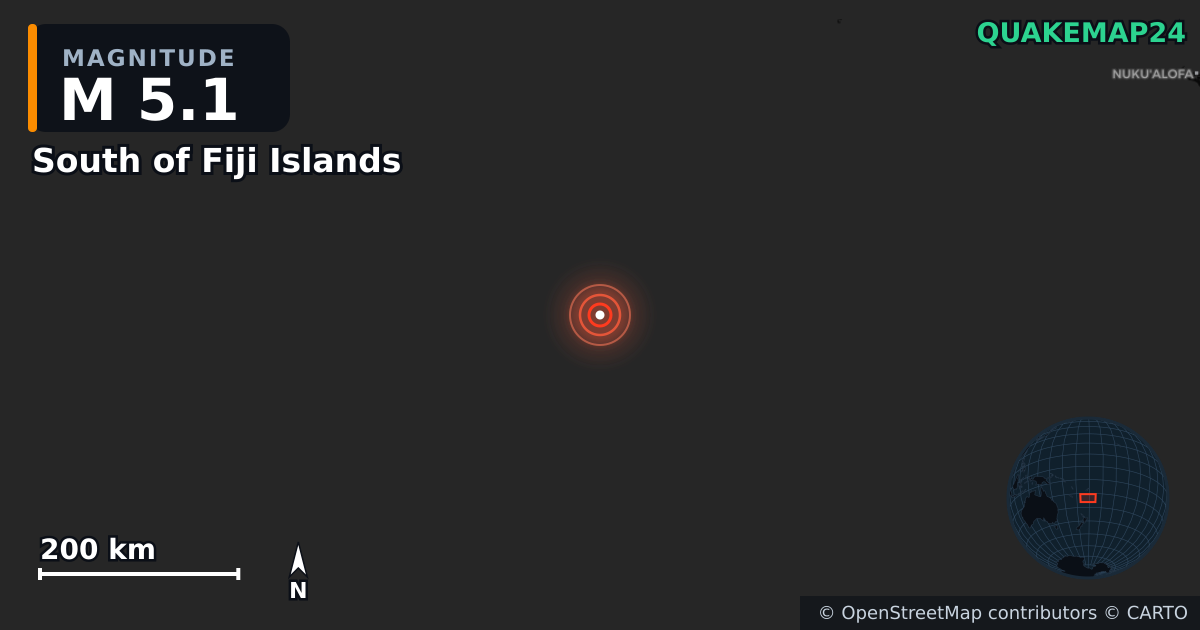 M5.1 earthquake near South of Fiji Islands on Oct 16, 2025 — map of epicenter and shaking intensity | QuakeMap24