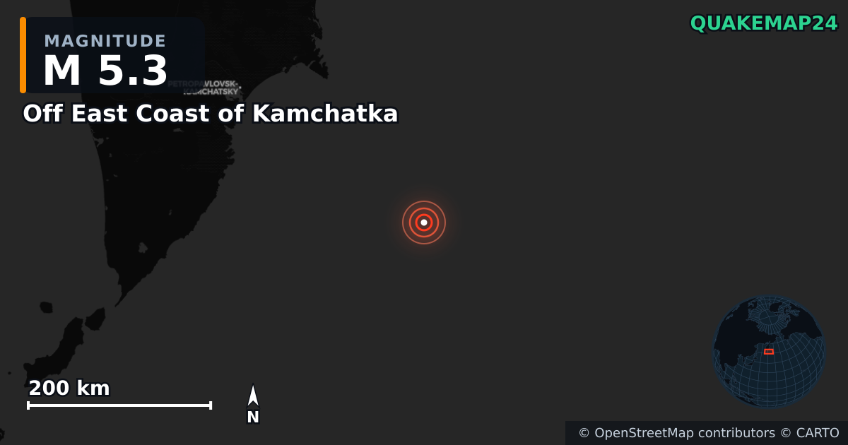 Erdbeben M5,3 bei Off East Coast of Kamchatka — Karte der Lage des Epizentrums
