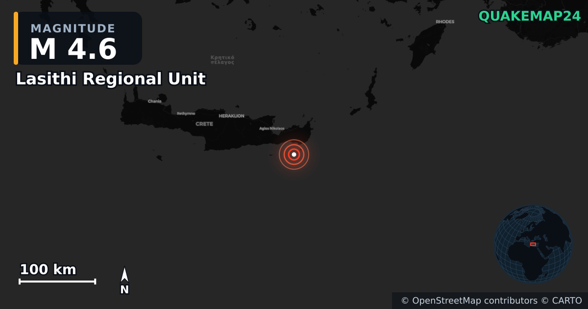M4.6 earthquake near Lasithi Regional Unit on Apr 19, 2026 — map of epicenter and shaking intensity | QuakeMap24