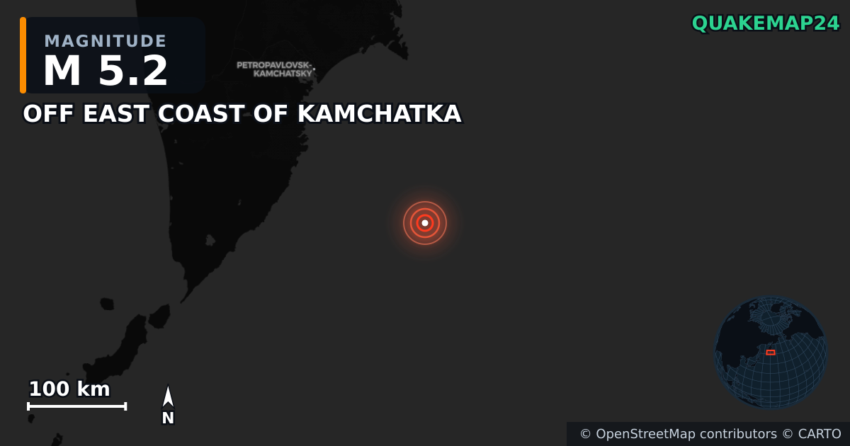 M5.2 earthquake near OFF EAST COAST OF KAMCHATKA on Oct 4, 2025 — map of epicenter and shaking intensity | QuakeMap24