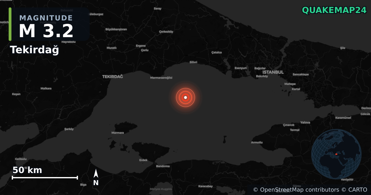 M3.2 earthquake near Tekirdağ on Sep 5, 2025 — map of epicenter and shaking intensity | QuakeMap24
