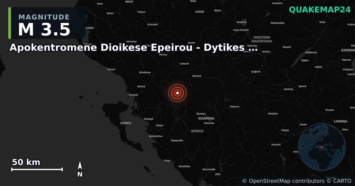 M3.5 earthquake near Apokentromene Dioikese Epeirou - Dytikes Makedonias on Oct 25, 2025 — map of epicenter and shaking intensity | QuakeMap24