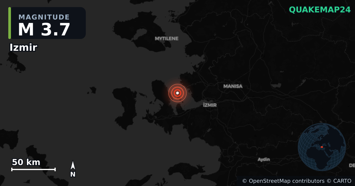 M3.7 earthquake near Izmir on Jun 13, 2026 — map of epicenter and shaking intensity | QuakeMap24