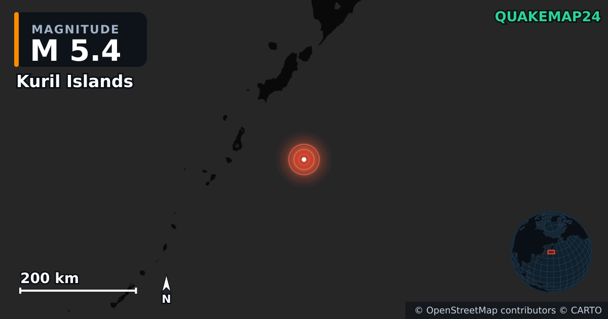 M5.4 earthquake near Kuril Islands on Jul 30, 2025 — map of epicenter and shaking intensity | QuakeMap24