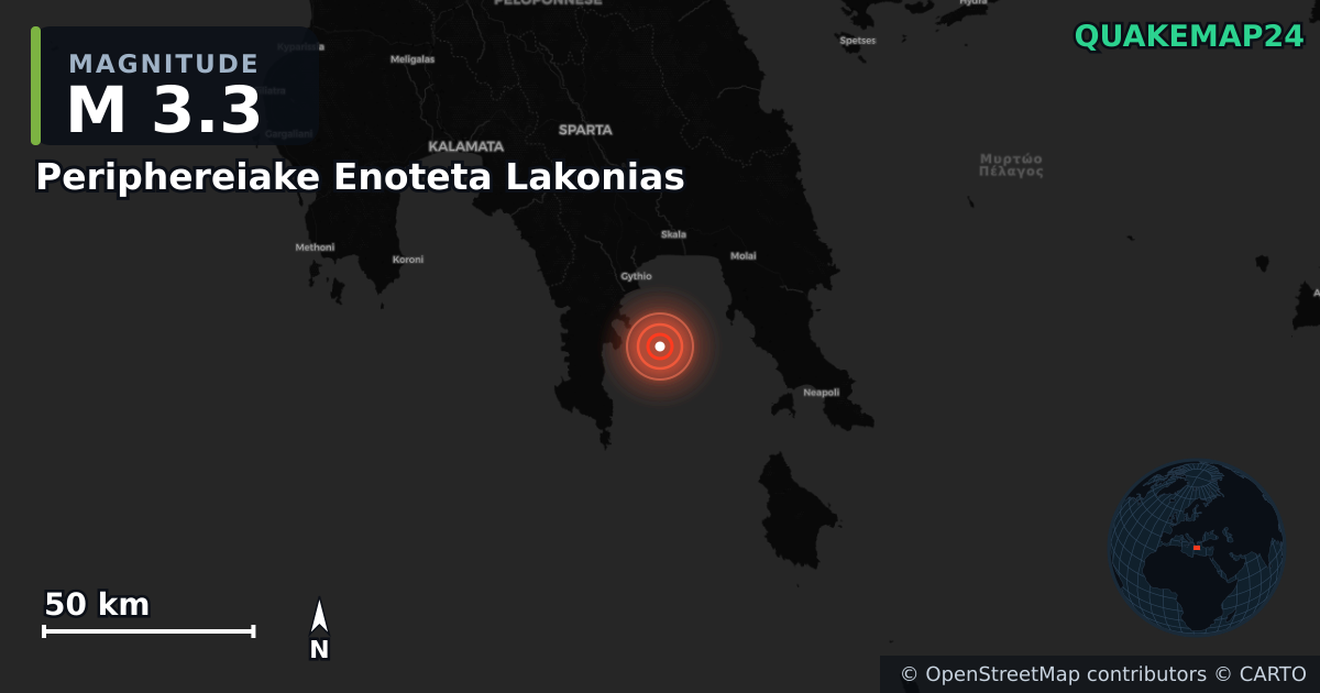 M3.3 earthquake near Periphereiake Enoteta Lakonias on Jun 12, 2026 — map of epicenter and shaking intensity | QuakeMap24