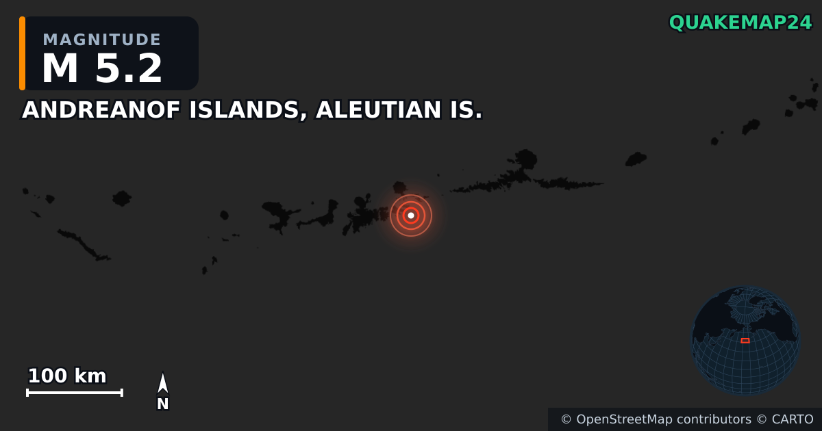 Erdbeben M5,2 bei ANDREANOF ISLANDS, ALEUTIAN IS. — Karte der Lage des Epizentrums