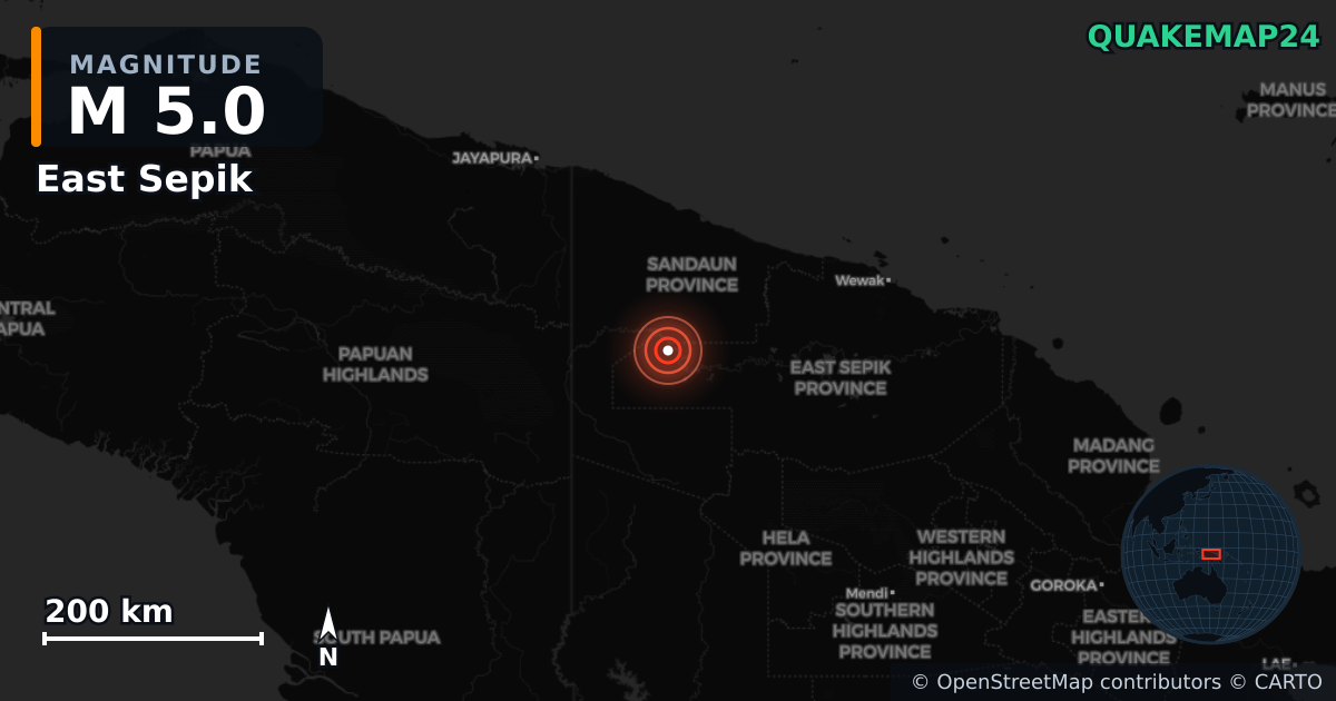 M5.0 earthquake near East Sepik on Sep 13, 2025 — map of epicenter and shaking intensity | QuakeMap24