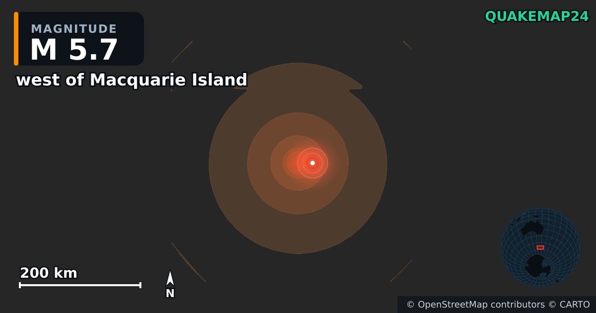 M5.7 earthquake near west of Macquarie Island on Jun 20, 2026 — map of epicenter and shaking intensity | QuakeMap24