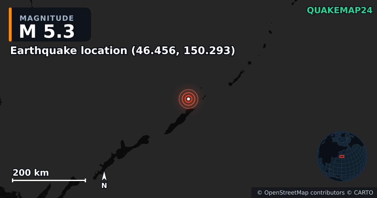 M5.3 earthquake near Τοποθεσία σεισμού (46.456, 150.293) on Mar 14, 2026 — map of epicenter and shaking intensity | QuakeMap24