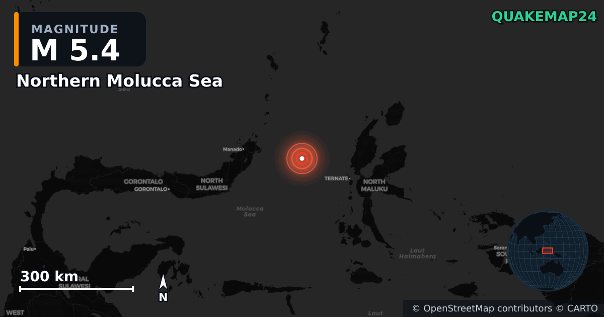 M5.4 earthquake near Northern Molucca Sea on Apr 1, 2026 — map of epicenter and shaking intensity | QuakeMap24