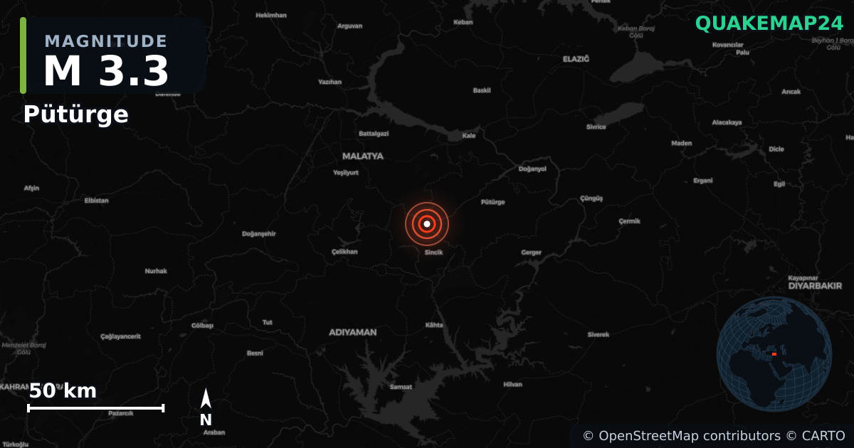 M3.3 earthquake near Pütürge on Jan 14, 2026 — map of epicenter and shaking intensity | QuakeMap24