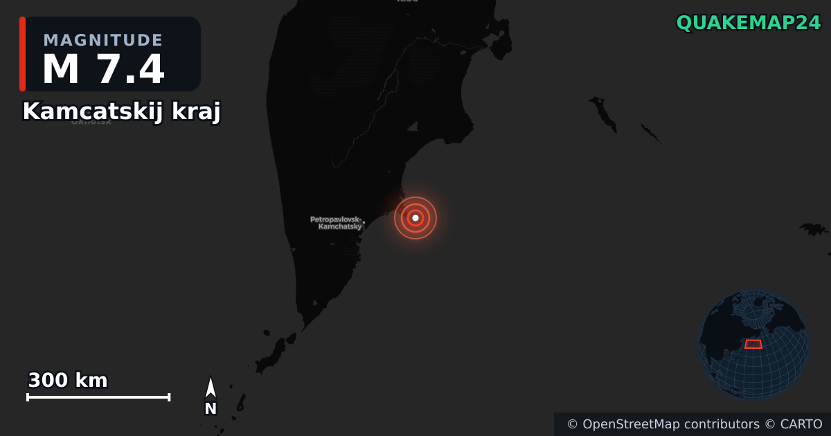M7.4 earthquake near Kamcatskij kraj on Sep 13, 2025 — map of epicenter and shaking intensity | QuakeMap24