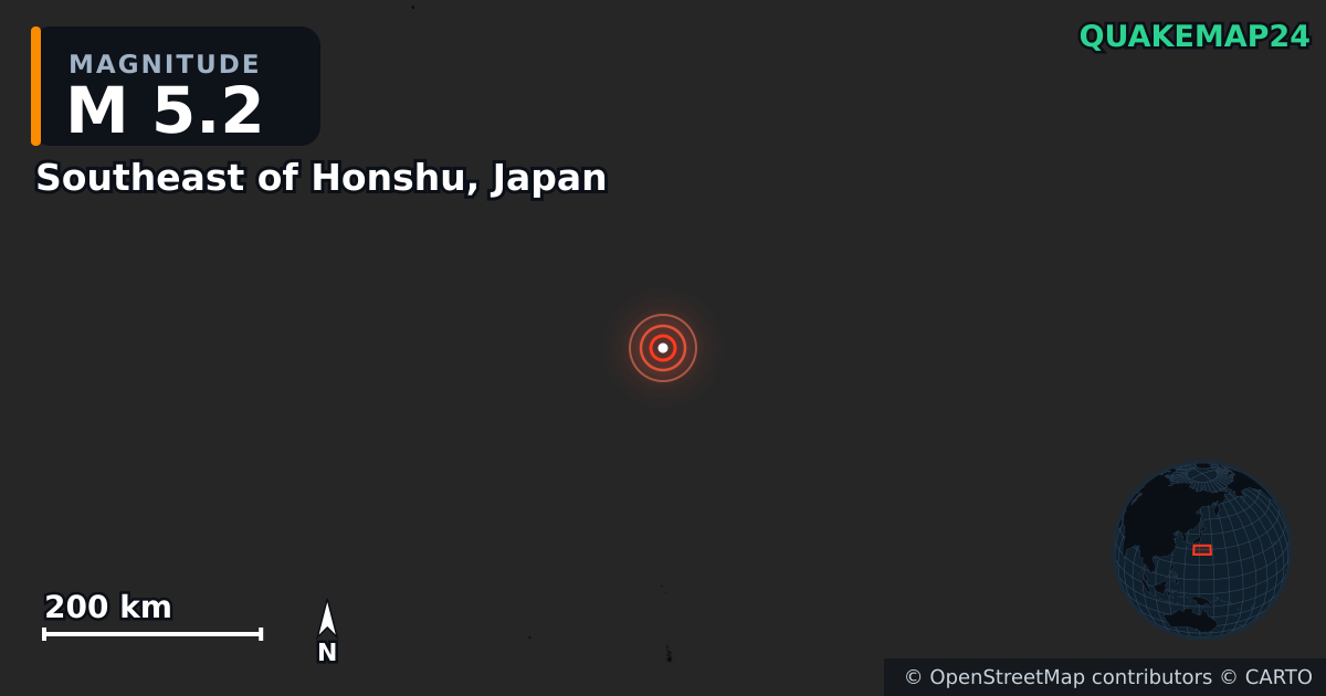 Southeast of Honshu, Japan yakınında M5,2 deprem · 2025-12-27 — Deprem merkez üssünün konumunu gösteren harita