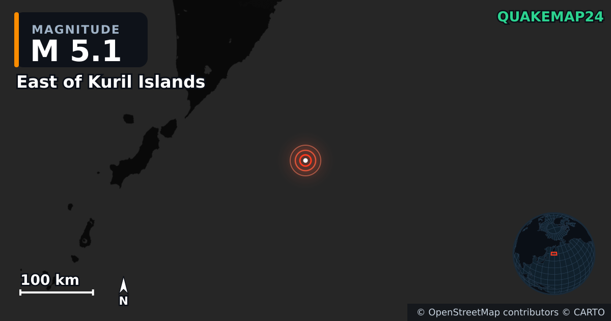 M5.1 earthquake near East of Kuril Islands on Aug 2, 2025 — map of epicenter and shaking intensity | QuakeMap24