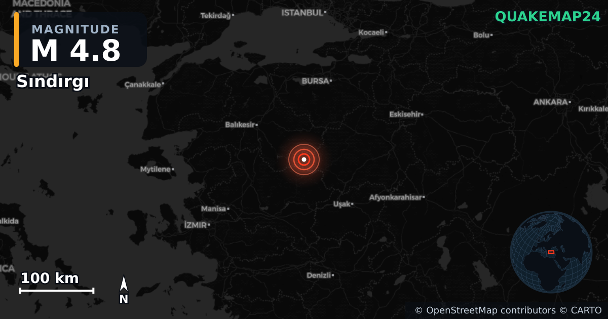 M4.8 earthquake near Sındırgı on Aug 24, 2025 — map of epicenter and shaking intensity | QuakeMap24