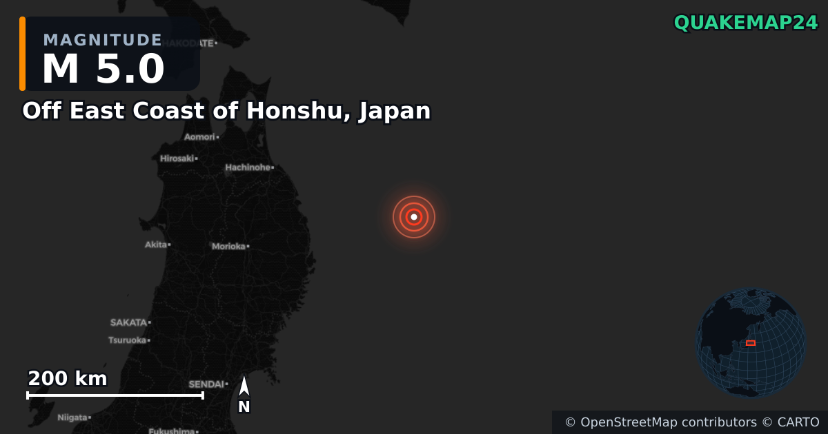 M5.0 earthquake near Off East Coast of Honshu, Japan on Apr 21, 2026 — map of epicenter and shaking intensity | QuakeMap24