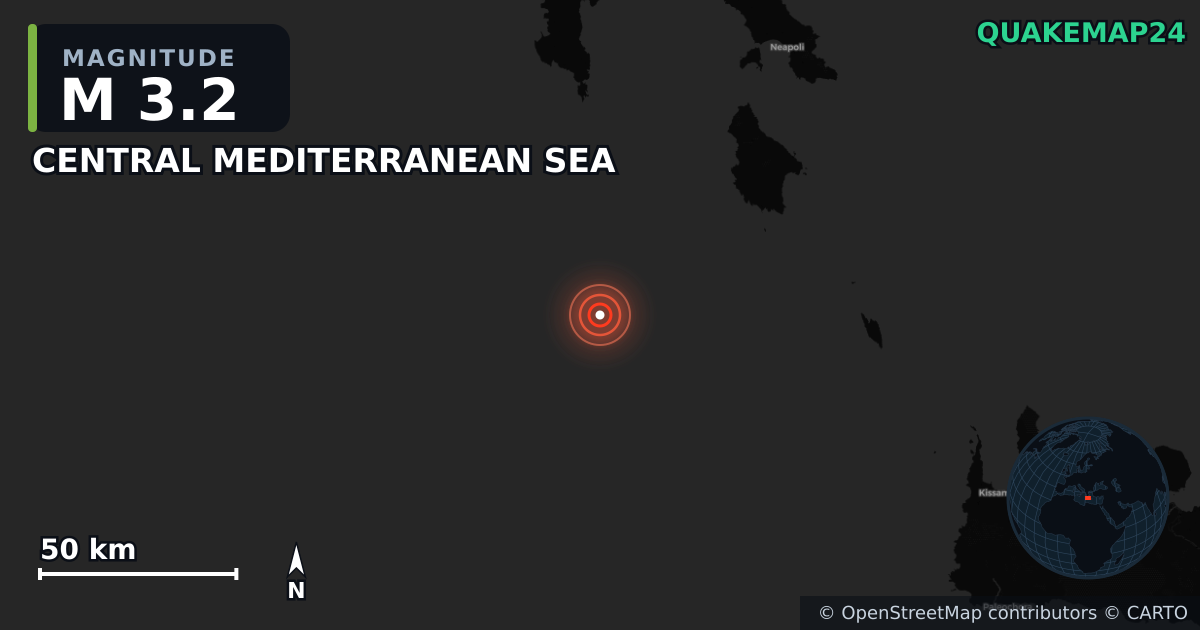 M3.2 earthquake near CENTRAL MEDITERRANEAN SEA on Aug 7, 2025 — map of epicenter and shaking intensity | QuakeMap24