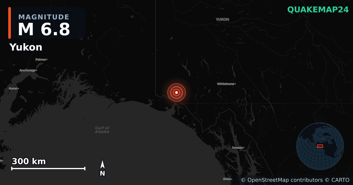 M6.8 earthquake near Yukon on Dec 6, 2025 — map of epicenter and shaking intensity | QuakeMap24