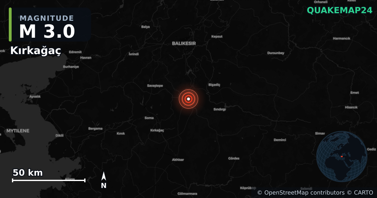 M3.0 earthquake near Kırkağaç on Oct 28, 2025 — map of epicenter and shaking intensity | QuakeMap24