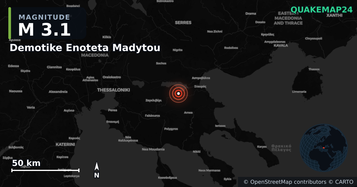 M3.1 earthquake near Demotike Enoteta Madytou on Feb 7, 2026 — map of epicenter and shaking intensity | QuakeMap24