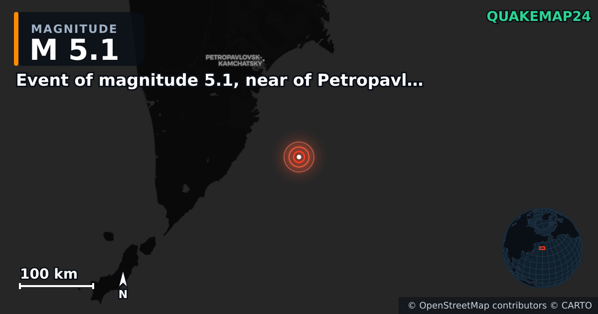 M5.1 earthquake near Event of magnitude 5.1, near of Petropavlovsk Kamchatskiy (Monde) on Oct 4, 2025 — map of epicenter and shaking intensity | QuakeMap24