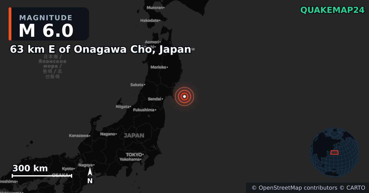 M6.0 earthquake near 63 km E of Onagawa Cho, Japan on Aug 29, 2025 — map of epicenter and shaking intensity | QuakeMap24
