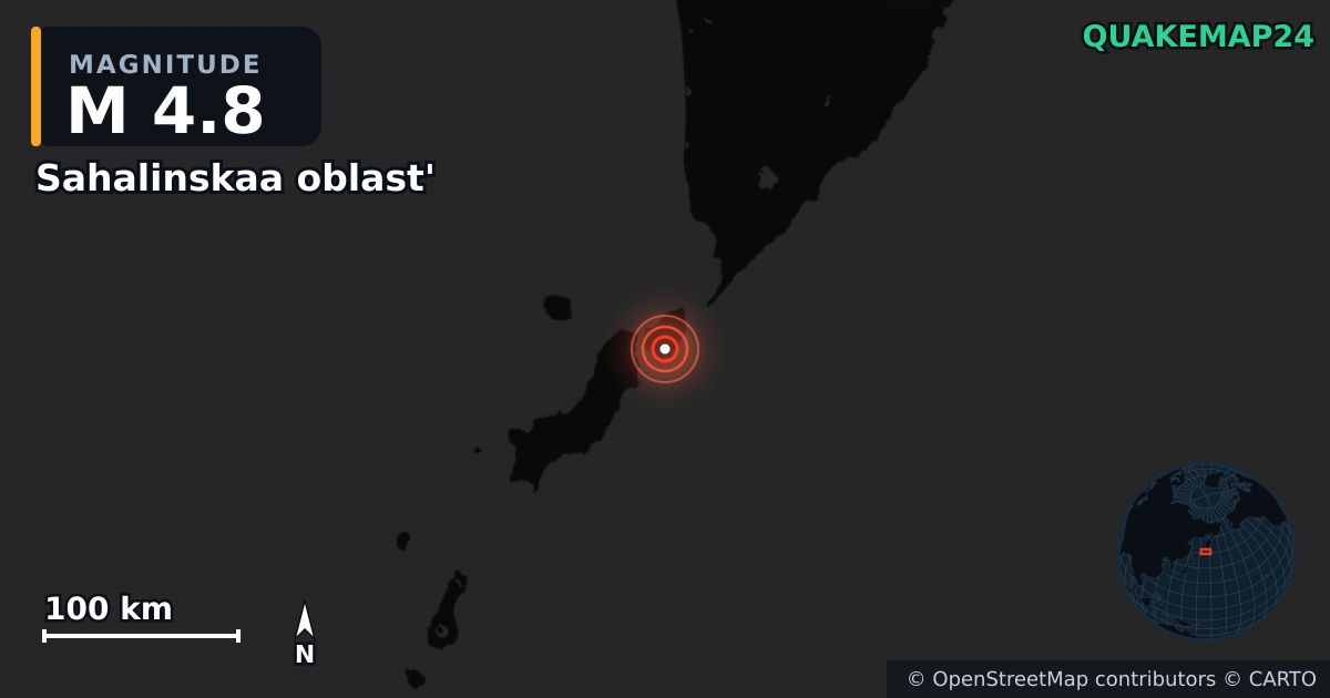M4.8 earthquake near Sahalinskaa oblast' on Aug 8, 2025 — map of epicenter and shaking intensity | QuakeMap24
