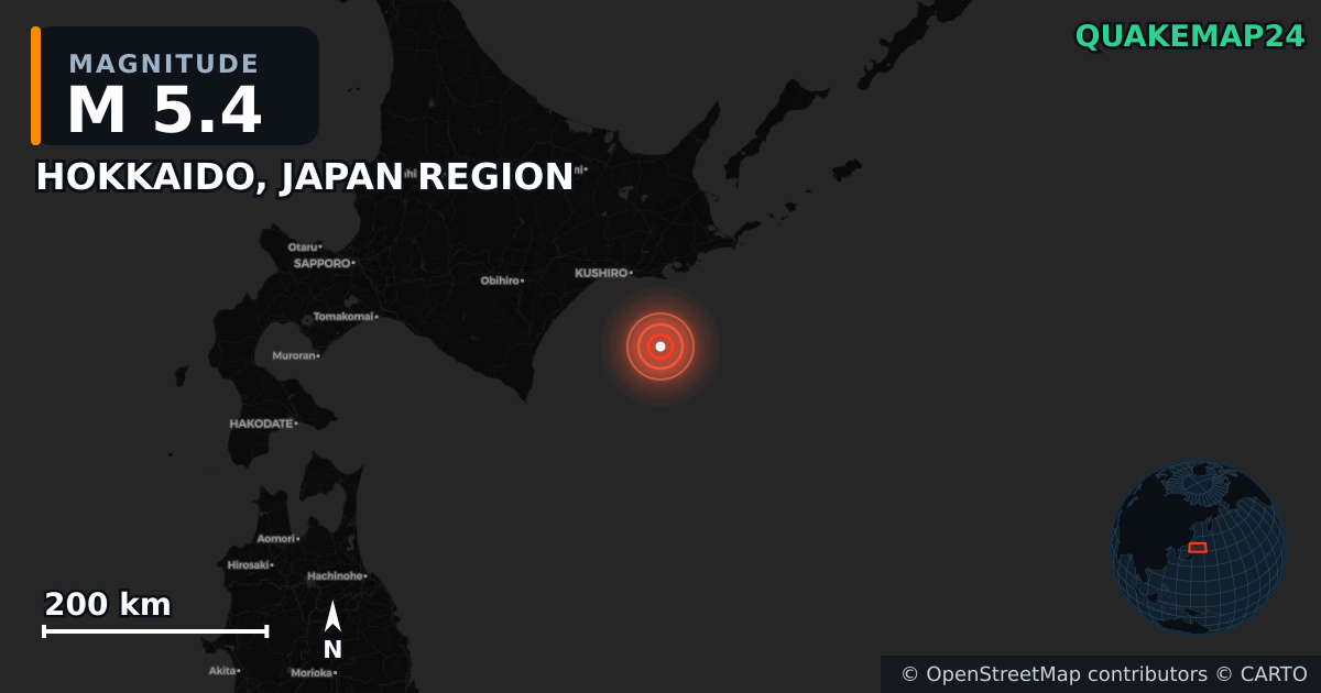 M5.4 earthquake near HOKKAIDO, JAPAN REGION on Aug 12, 2025 — map of epicenter and shaking intensity | QuakeMap24