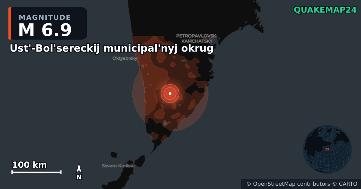 Terremoto de M6,9 cerca de Ust'-Bol'sereckij municipal'nyj okrug, Kamchatka Krai (Rusia) · 2026-10-16 — Mapa de la ubicación del epicentro