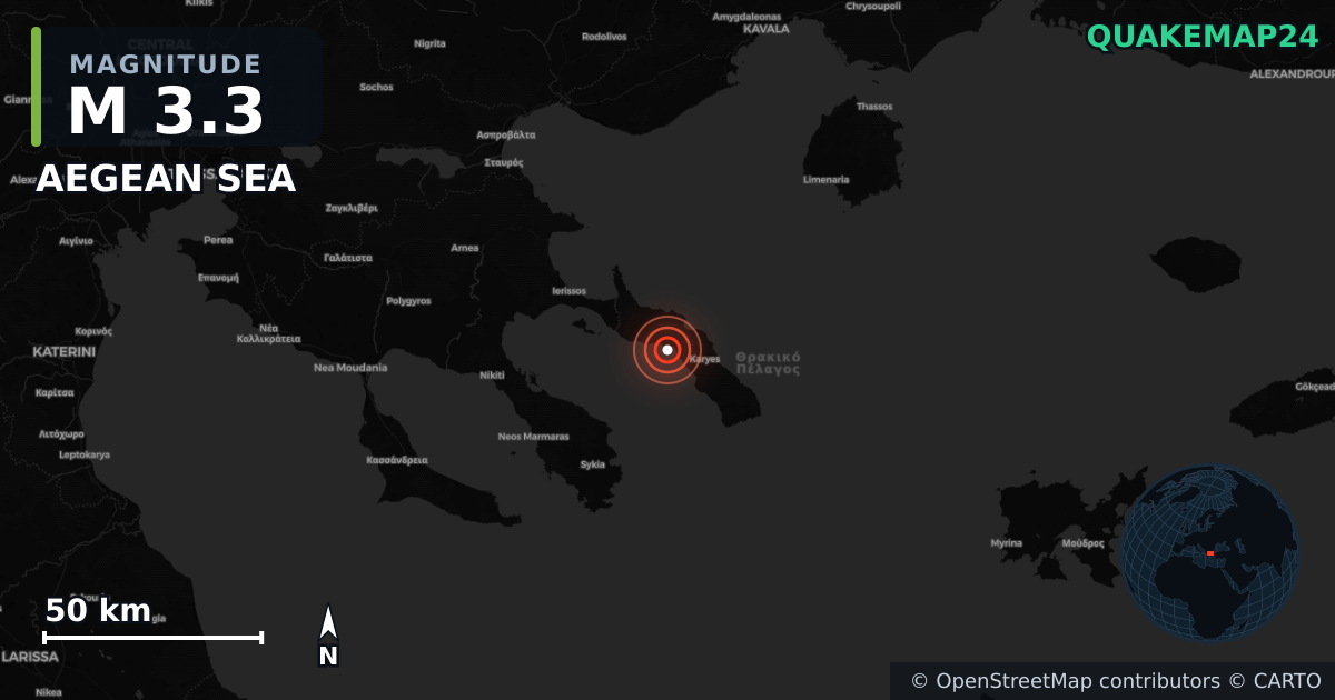 M3.3 earthquake near AEGEAN SEA on Nov 17, 2025 — map of epicenter and shaking intensity | QuakeMap24