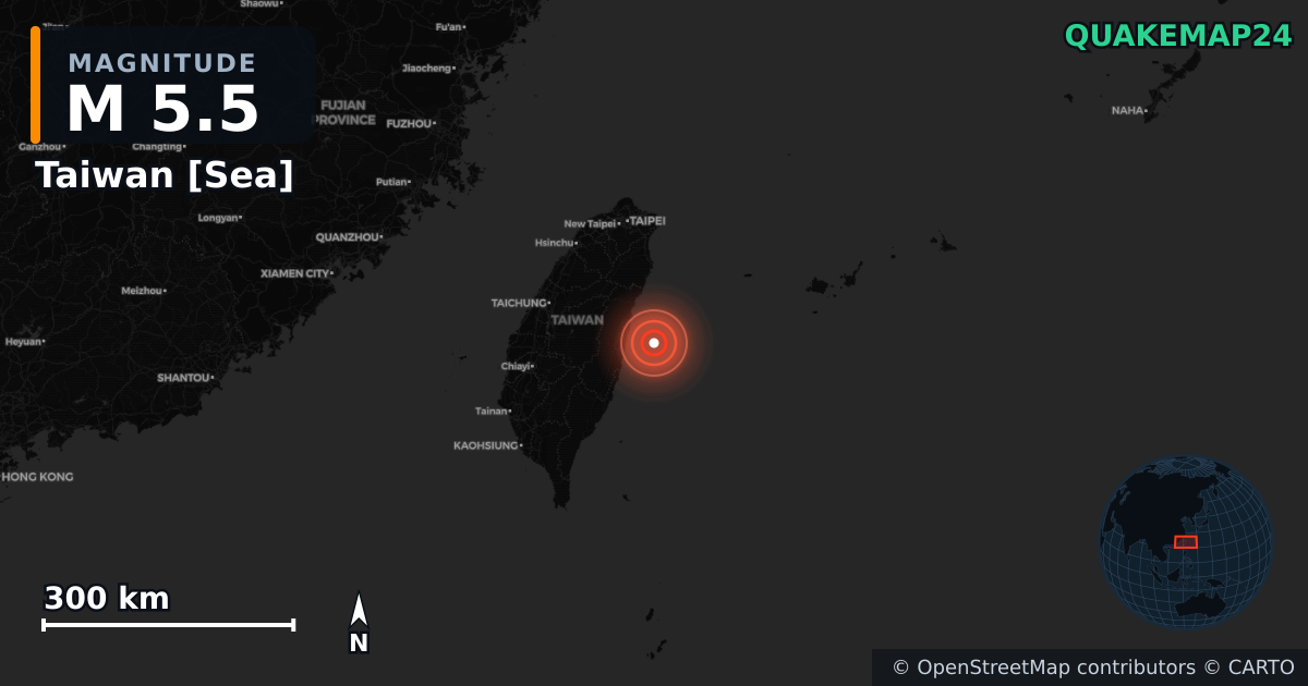 M5.5 earthquake near Taiwan [Sea] on Apr 4, 2026 — map of epicenter and shaking intensity | QuakeMap24