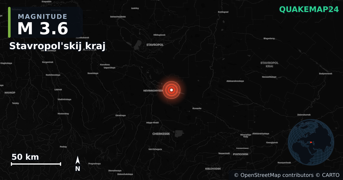 M3.6 earthquake near Stavropol'skij kraj on Sep 3, 2025 — map of epicenter and shaking intensity | QuakeMap24