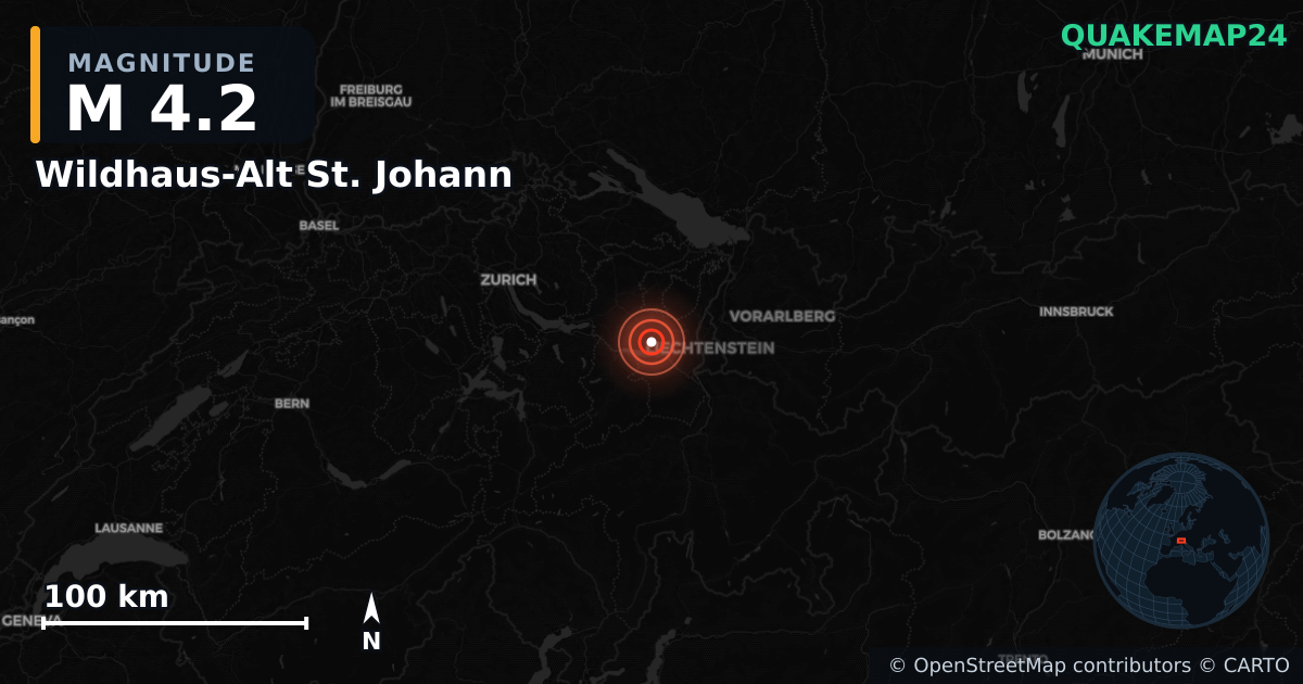 M4.2 earthquake near Wildhaus-Alt St. Johann on Apr 26, 2026 — map of epicenter and shaking intensity | QuakeMap24