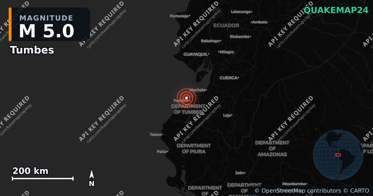 M5.0 earthquake near Tumbes on May 5, 2026 — map of epicenter and shaking intensity | QuakeMap24