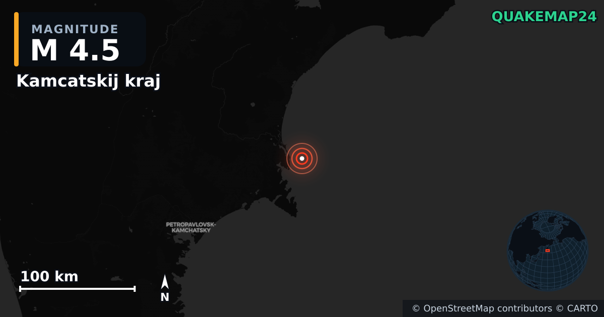 M4.5 earthquake near Kamcatskij kraj on Sep 13, 2025 — map of epicenter and shaking intensity | QuakeMap24