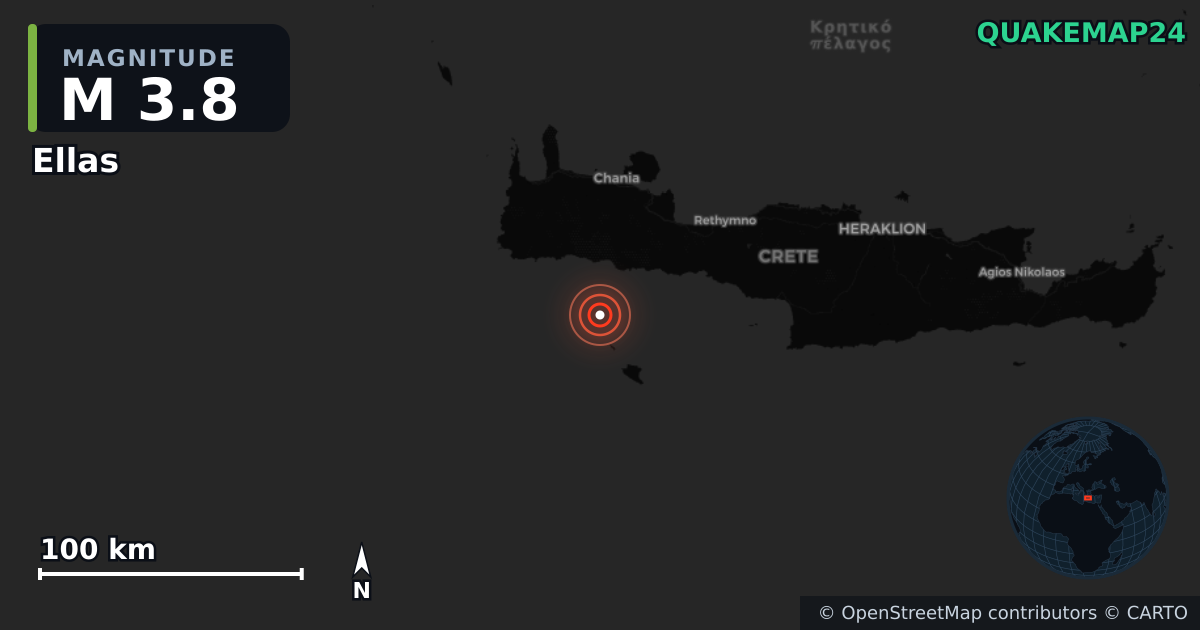 M3.8 earthquake near Ellas on Jan 26, 2026 — map of epicenter and shaking intensity | QuakeMap24
