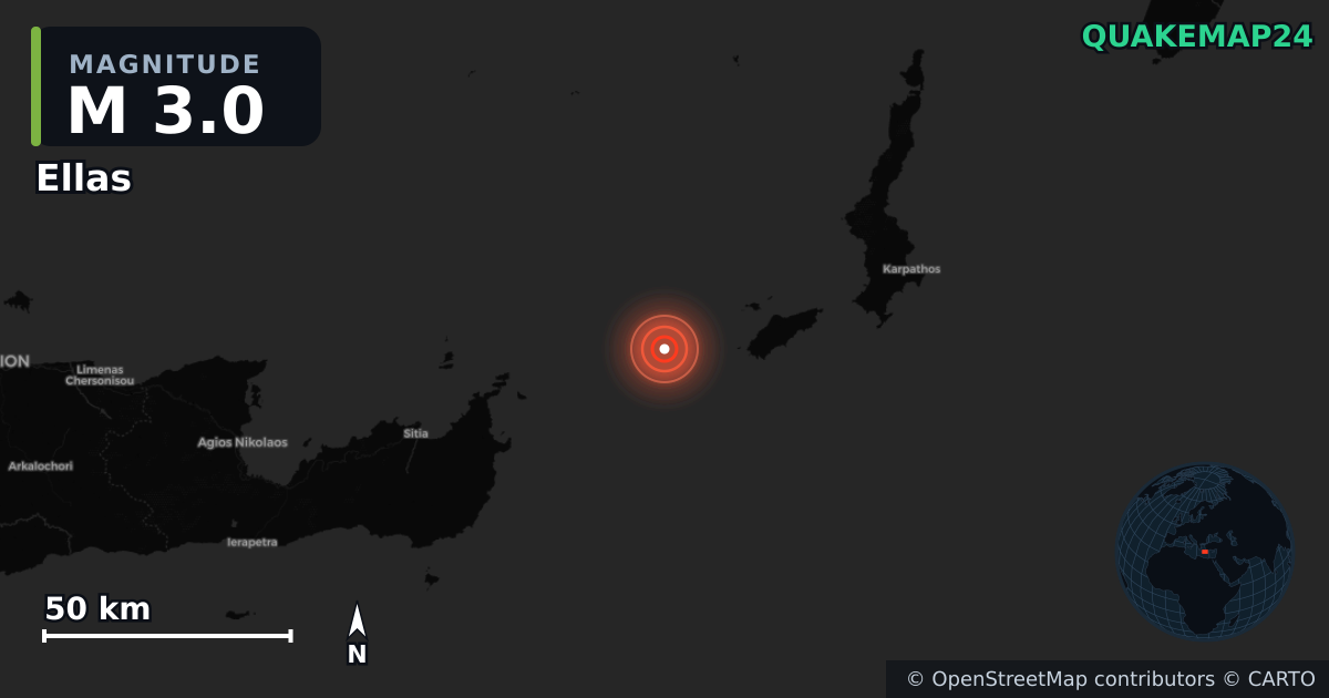 M3.0 earthquake near Ellas on May 23, 2026 — map of epicenter and shaking intensity | QuakeMap24