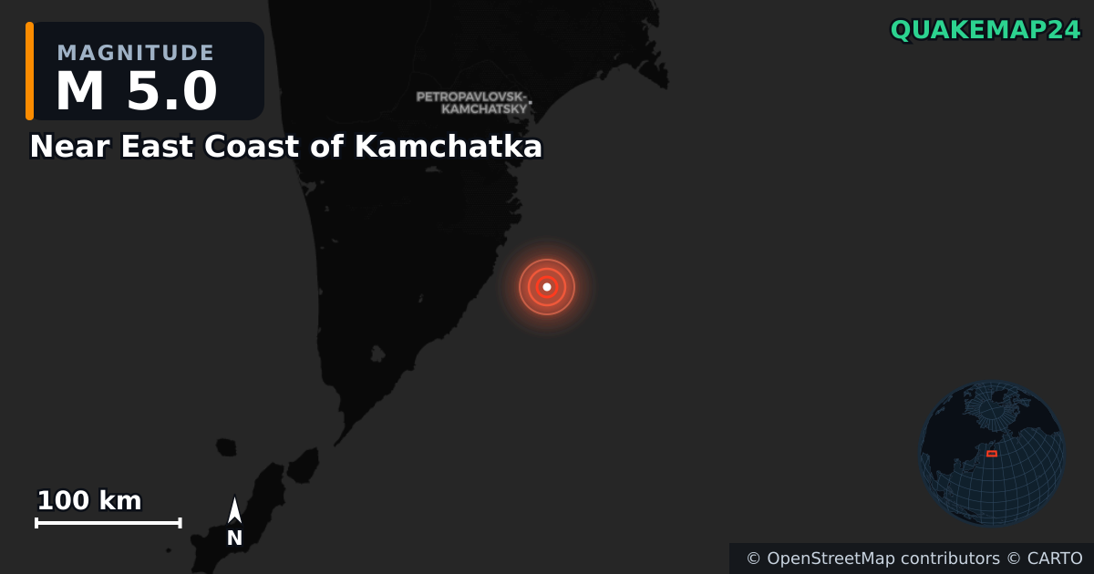 M5.0 earthquake near Near East Coast of Kamchatka on Sep 22, 2025 — map of epicenter and shaking intensity | QuakeMap24