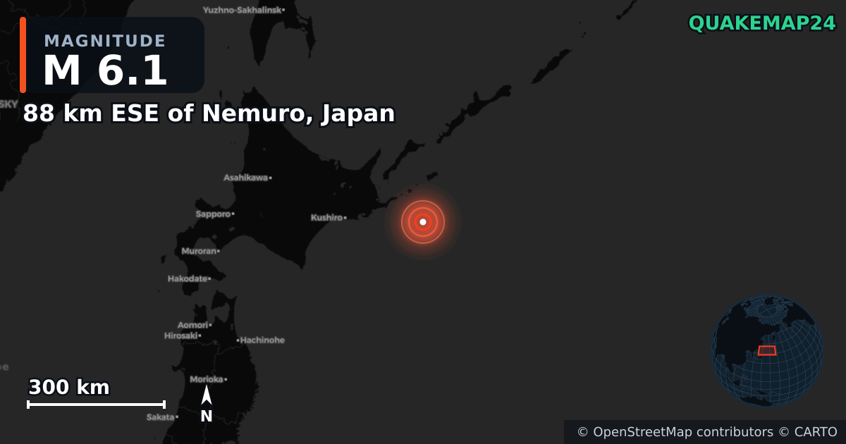 M6.1 earthquake near 88 km ESE of Nemuro, Japan on Jun 21, 2025 — map of epicenter and shaking intensity | QuakeMap24