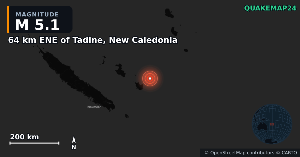 M5.1 Earthquake near 64 km ENE of Tadine, New Caledonia · 2026-09-26 — Map showing the location of the epicenter