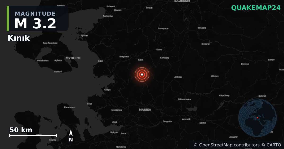 M3.2 earthquake near Kınık on Nov 22, 2025 — map of epicenter and shaking intensity | QuakeMap24