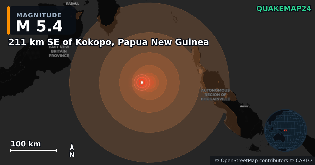 Erdbeben M5,4 bei 211 km SE of Kokopo, Papua New Guinea — Karte der Lage des Epizentrums