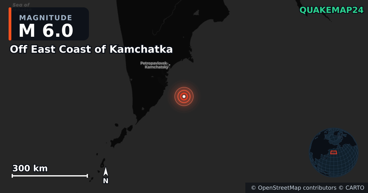 M6.0 earthquake near Off East Coast of Kamchatka on Jul 30, 2025 — map of epicenter and shaking intensity | QuakeMap24